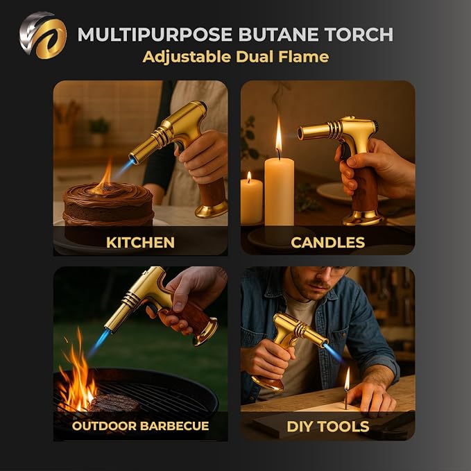 Dual Flame Butane Torch Gun – Refillable Handheld Mini Blow Torch for Cooking, Crème Brûlée, Welding, Soldering, Resin Art – Adjustable Flame & Ignition Lock–Limited Gold Brown by inZaynity®