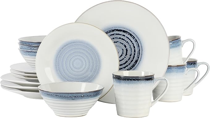 Gibson Elite Spiral Reactive Embossed Dinnerware Set - Blue, Service for Four (16pcs)