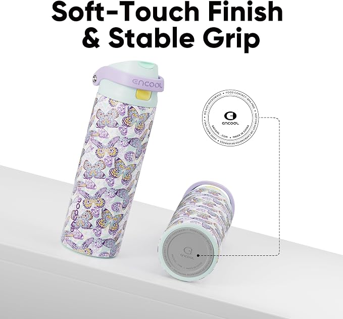ENCOOL Leakproof Insulated Water Bottle with Straw Dual-Sip Water Bottle Bag-Safe Design for Work, Commute & Gym – Keeps Drinks Cold All Day, 32 oz, Mosaic Butterfly