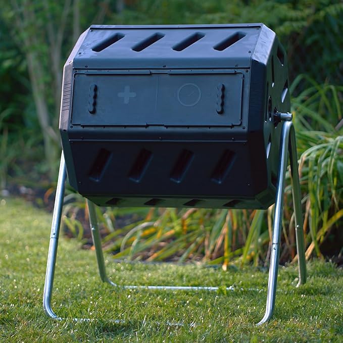 FCMP Outdoor Heavy Duty 37 Gallon 8 Sided Steel Portable Plastic Dual Chamber Tumbling Composter Outdoor Elevated Rotating Garden Compost Bin, Black | 8 Sided Portable Plastic Outdoor Elevated Rotating Garden Compost Bin, Black