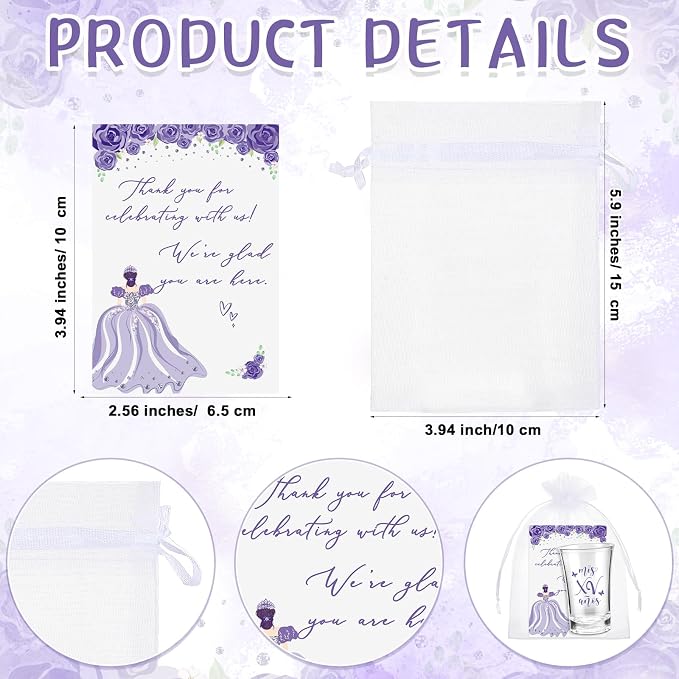Havawish 50 Sets Quinceanera Party Favors for Guests Quinceanera Acrylic Clear Personalized Shot Glasses Thank You Cards with Organza Bags Mis Xv Años Sweet 15 Birthday Party Favors (Purple)