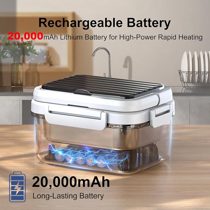 Cordless Electric Heated Lunch Box, 1.5L - 6.3 Cups 100W Rechargeable Smart Self-Heating Food Warmer with Removable Divider, Spoon, Fork, BPA Free, Portable Lunchbox for Car Travel Office White