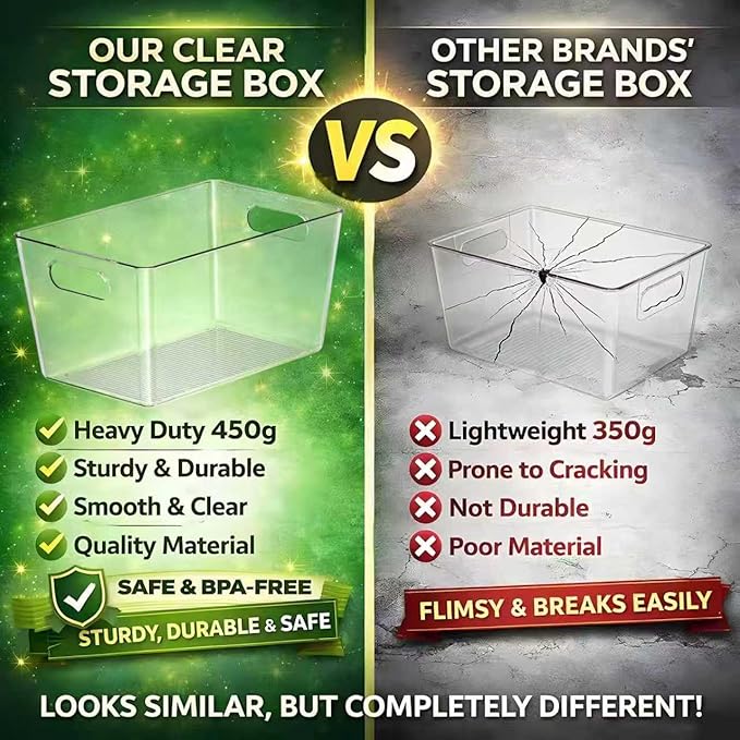 Set of 4 Clear Plastic Storage Bins, 2 Large +2 Small Pantry Organizers and Storage Containers for Kitchen Organization, Home Storage Essentials for Cabinet, Office, Garage, Freezer& Bathroom