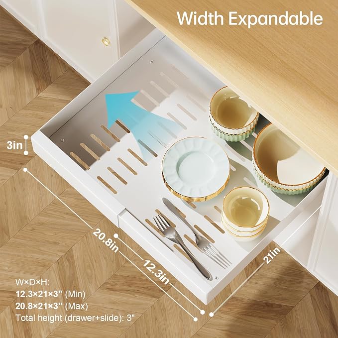 Delamu 21" Deep Pull Out Cabinet Organizer, Expandable (12.3 "-20.8" W) Pull Out Drawers for Cabinets, Expandable Slide Out Drawers for Kitchen, Cabinets, Bathroom, Pantry Storage, White, 1 Pack