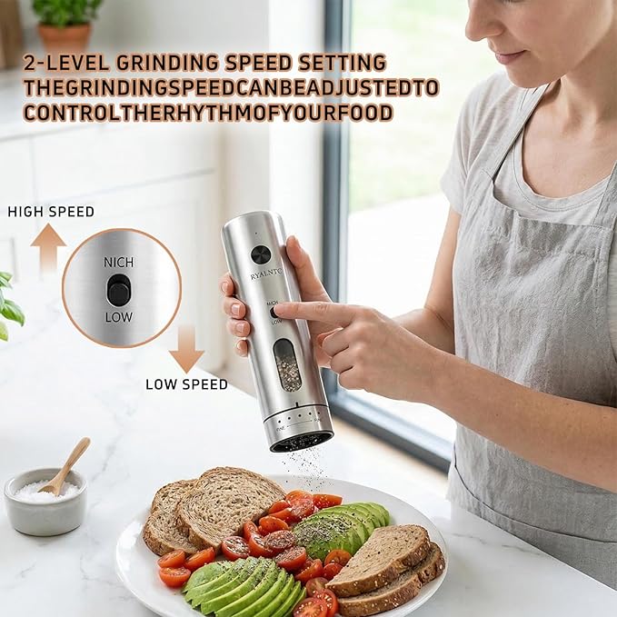 Electric Salt and Pepper Grinder Set with Rechargeable Base Upgraded Stainless Steel Automatic Salt and Pepper Shakers,Upgraded 2-Speed Setting,External 6 Adjustable Coarseness with LED Light