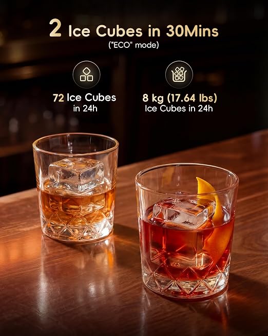ecozy 2" Large Ice Cube Maker with CrystalFlux Technology, 2 pcs in 30 Mins with Eco Mode, 72 pcs/Day, 24H Timer, Clear Square Ice Machine with Self-Cleaning, Enhanced Insulation for Whiskey Bar