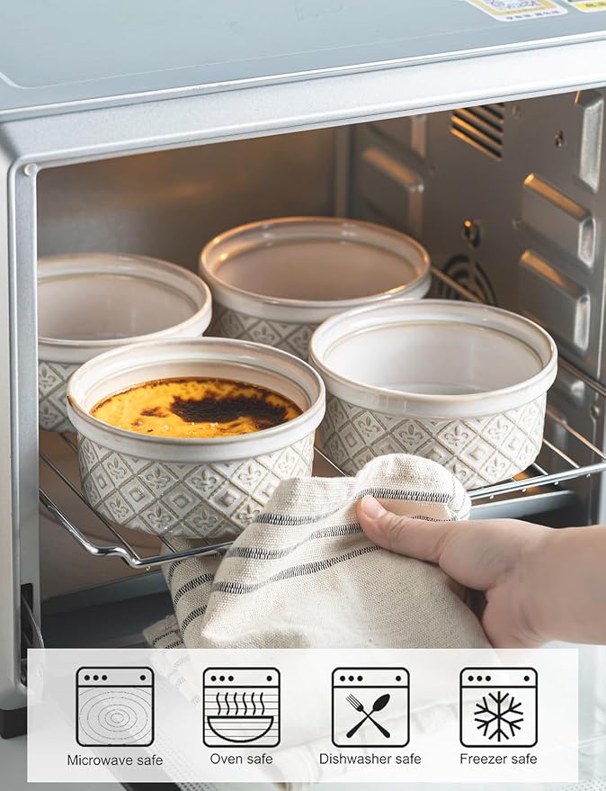 12 oz Souffle Ramekins Oven Safe with Lids, Small Creme Brulee Dishes, Ceramic Custard Cups Baking Bowls for Dessert, Dipping Sauce, Pudding, Set of 4, Beige