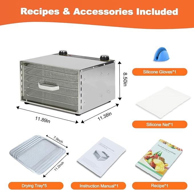 Food Dehydrator - 5 Stainless Steel Trays Dryer Machine with 194℉ Temperature Control & Adjustable Timer, 400W Meat Dehydrator for Jerky, Fruit, Veggies, Dog Treats, 50 Recipes Book Included
