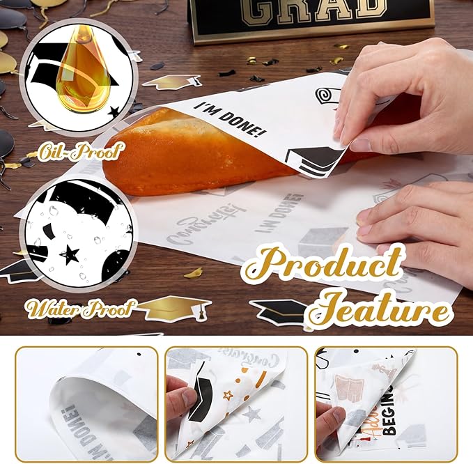 Reallnaive 300 Pcs Graduation Wax Paper Sheets 12 x 12 Inch Black and Gold Parchment Deli Tissue Paper Sandwich Wrapping Sheets Food Basket Liners for Kitchen Restaurant Baking Supplies, 6 Styles