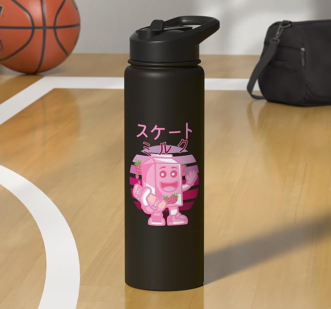 Retro 90s Japanese Skateboarding Strawberry Milkshake Carton Stainless Steel Insulated Water Bottle
