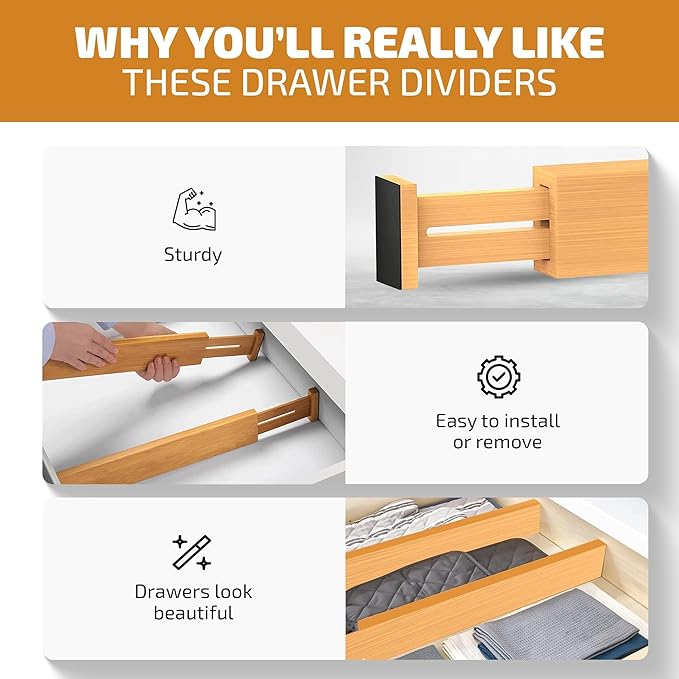 6-Pack Bamboo Drawer Dividers - 2.6 in High, Adjustable 16 to 22 in Expandable Drawer Organizers and Dresser Separators for Clothes, Bedroom, Bathroom, Kitchen, and Office Organization and Storage