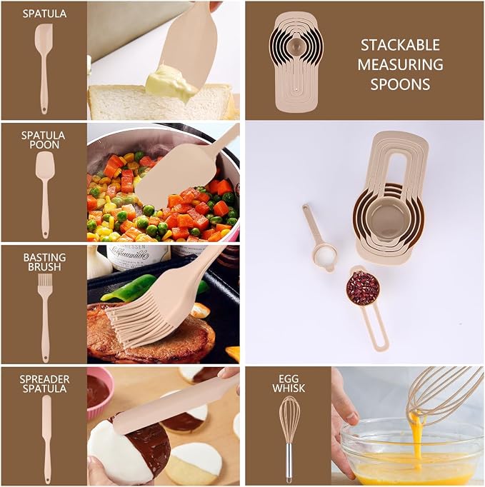 Leidawn Mixing Bowls with Lids set - 25 PCS Stainless Steel Nesting Khaki Mixing Bowls Set for Baking,Mixing,Serving & Prepping,Size 5, 3.7, 2.8, 2.3, 1.7, 1.1, 0.7QT, 11 Cooking