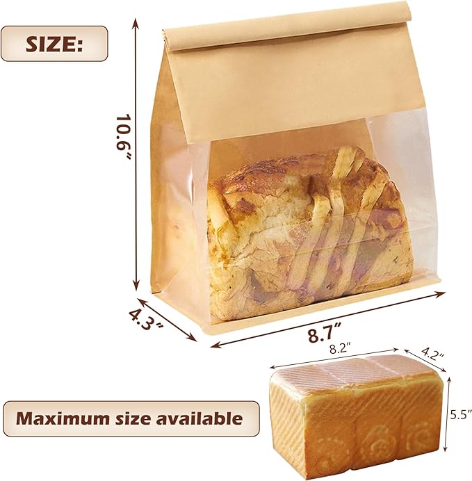 Heavy Duty Large Paper Bread Bags with Tin Tie Tab Lock 100pcs, Loaf Bag with Clear Front Window, Storage Packaging Treat Bag for Bakery Cafe Homemade Bread 10.6” × 4.3” × 8.7”