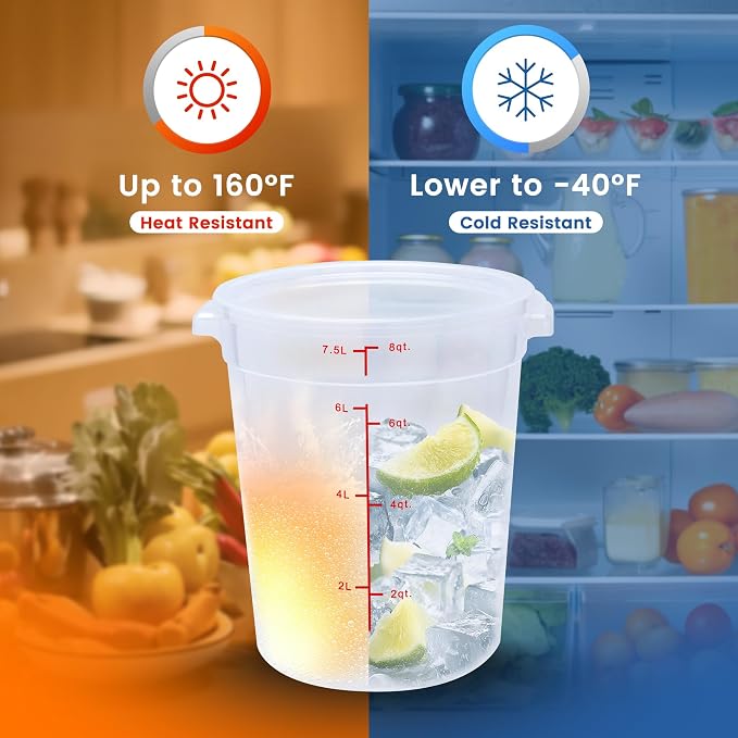 4 Pack 8QT Round Food Storage Containers with Lids | NSF, BPA-free PP containers with scale, label and measuring cup, stackable for prep, storage, freezer. Dishwasher safe