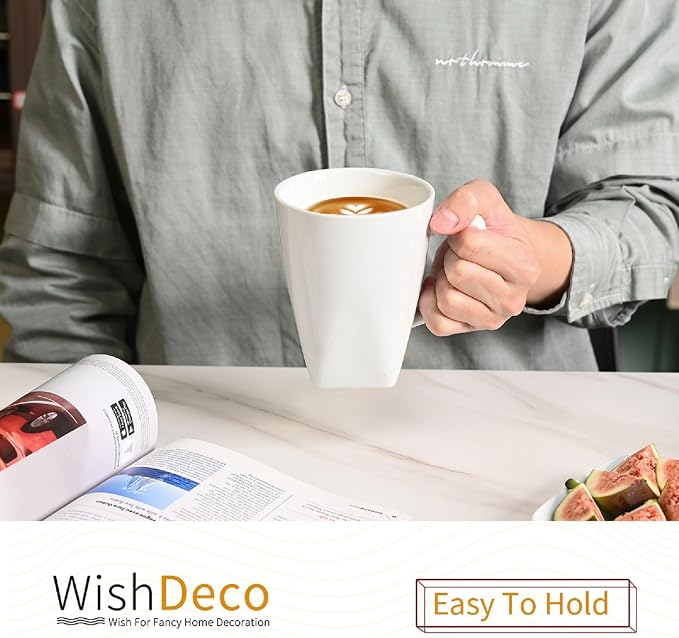 WishDeco White Coffee Mugs Set of 6, Ceramic Coffee Cups 14 oz, Modern Tea Mugs, Porcelain Tea Cups, Large Mug for Latte, Cappuccino, Milk, Juice, Cocoa, Square Bottom, Microwave and Dishwasher Safe
