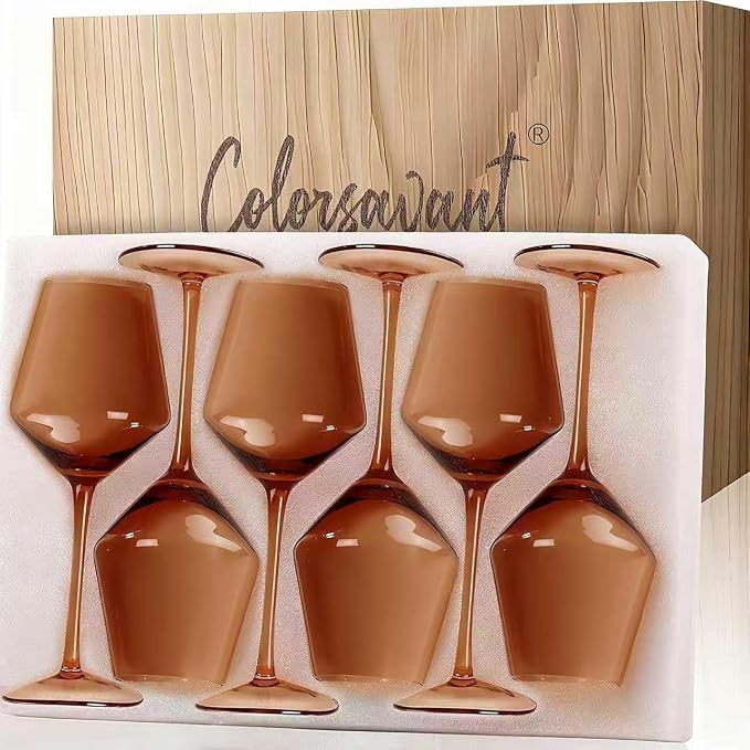 Brown Wine Glasses Set 6-16oz Long Stem-African American Wine Glasses - Hand Blown Amber Stemware for Wedding,Birthday Party and Home Party