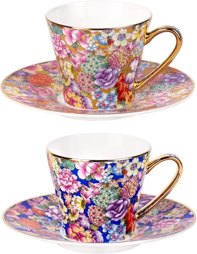 KAMMAK Tea Cups and Saucers Set of 2, Porcelain Coffee Cups, 7.5oz Stackable Espresso Mugs, Ceramic Demitasse for Coffee, Latte, Americano, Tea (637N+638N)