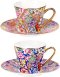 KAMMAK Tea Cups and Saucers Set of 2, Porcelain Coffee Cups, 7.5oz Stackable Espresso Mugs, Ceramic Demitasse for Coffee, Latte, Americano, Tea (637N+638N)