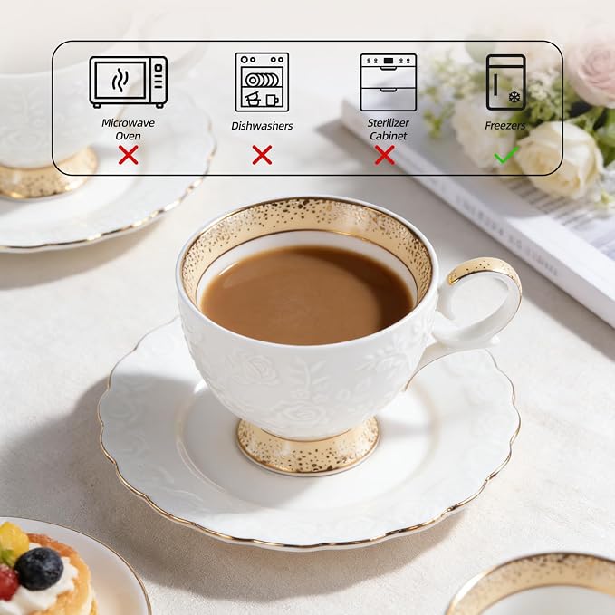 KAMMAK Tea Cups and Saucers Set of 2, 6.7oz Porcelain Coffee Cups with Saucers, Ceramic Espresso Mugs for Coffee, Latte, Americano, Tea, Elegant Teacup and Saucer (YFH15)