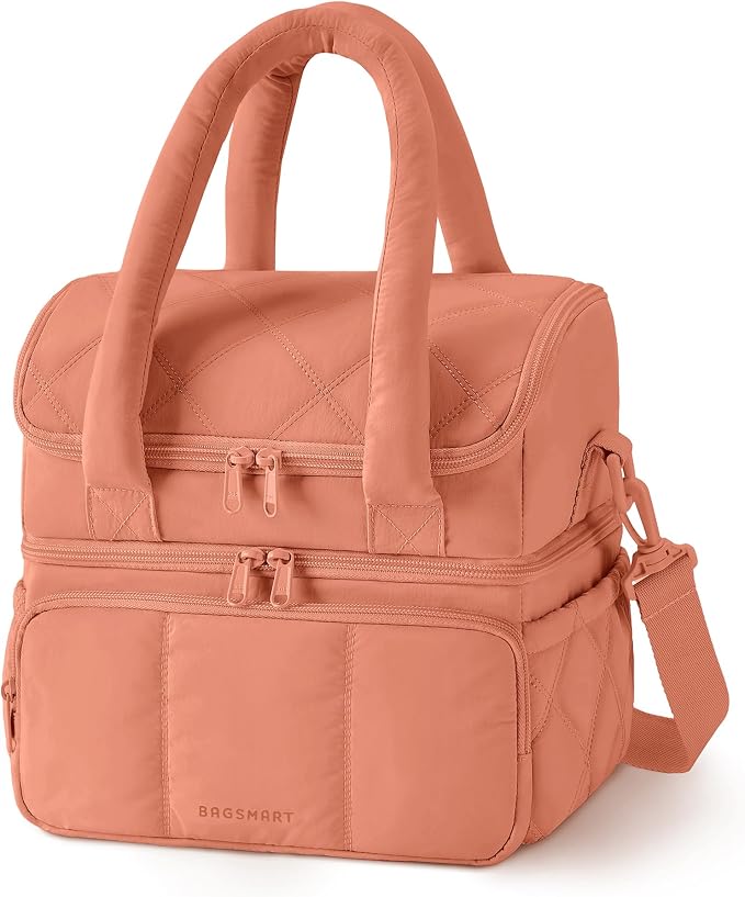BAGSMART Lunch Bag Women, Double Deck Insulated Lunch Box, Quilted Puffer Lunch Tote, Leakproof, Durable & Reusable Large Lunch Cooler For Work Picnic Travel Meal Prep, Clay Orange