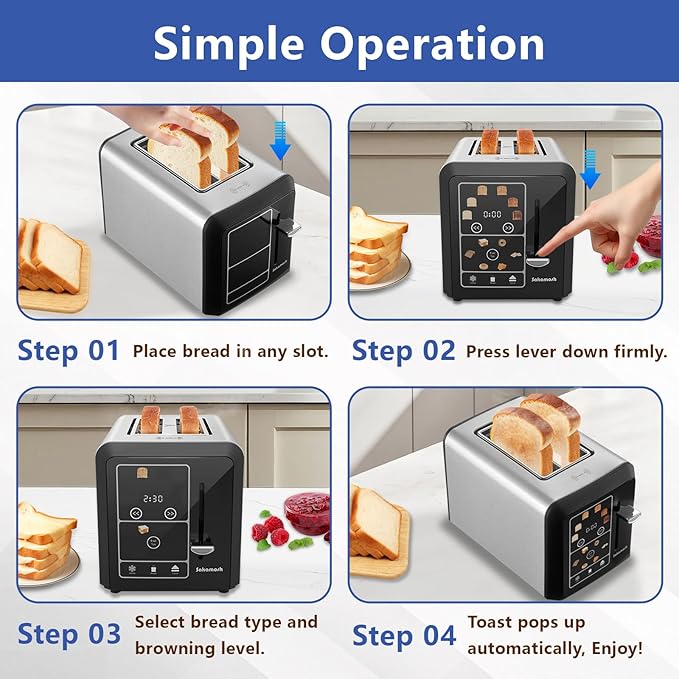 SAKAMOSH 2 Slice Touch Screen Toaster 1.3" Wide Slots for Bagels, Smart Digital Display Toaster with 6 Browning Levels & 6 Bread Types, Memory, Defrost, Reheat, Stainless Steel, 800W