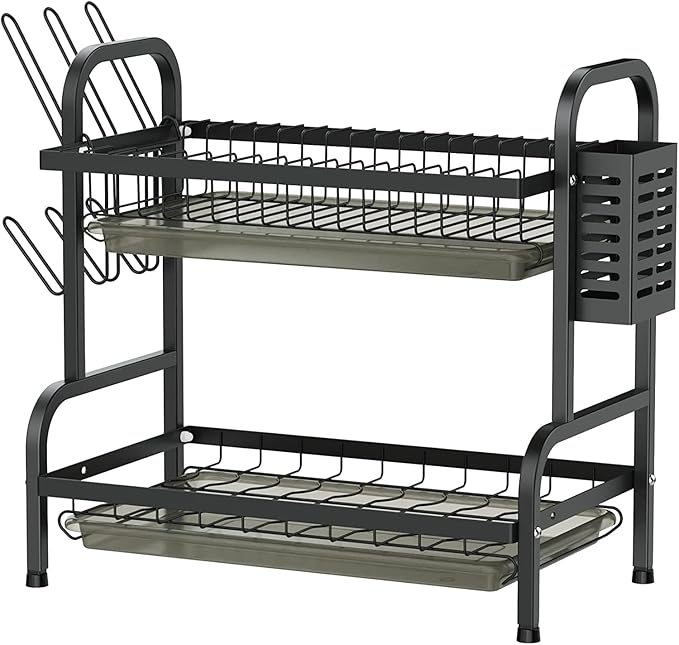 Dish Drying Rack,2 Tier Stainless Steel Dish Rack Drainboard Set,Utensil Holder, Cutting Board Holder,Dish Drainer for Kitchen Counter,Space-Saving (Black)