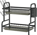 Dish Drying Rack,2 Tier Stainless Steel Dish Rack Drainboard Set,Utensil Holder, Cutting Board Holder,Dish Drainer for Kitchen Counter,Space-Saving (Black)