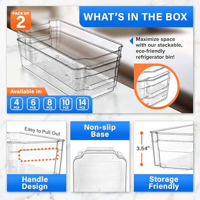 2-Piece Stackable Refrigerator Bin Organizer Set with Easy Grip Handles - Clear Multi-Purpose Storage Bins for Fridge and Pantry Use