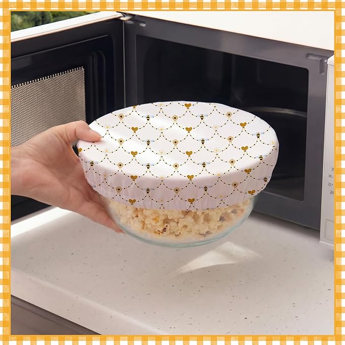 Patelai 10 Pcs Bowl Covers Reusable in 5 Size Stretch Cloth Fabric Elastic Food Storage Bowl Covers Bread Sourdough Lids for Proofing Food Fruits Leftover (Yellow, White,Bee Style)