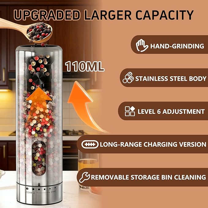 Electric Salt and Pepper Grinder Set with Rechargeable Base Upgraded Stainless Steel Automatic Salt and Pepper Shakers,Upgraded 2-Speed Setting,External 6 Adjustable Coarseness with LED Light