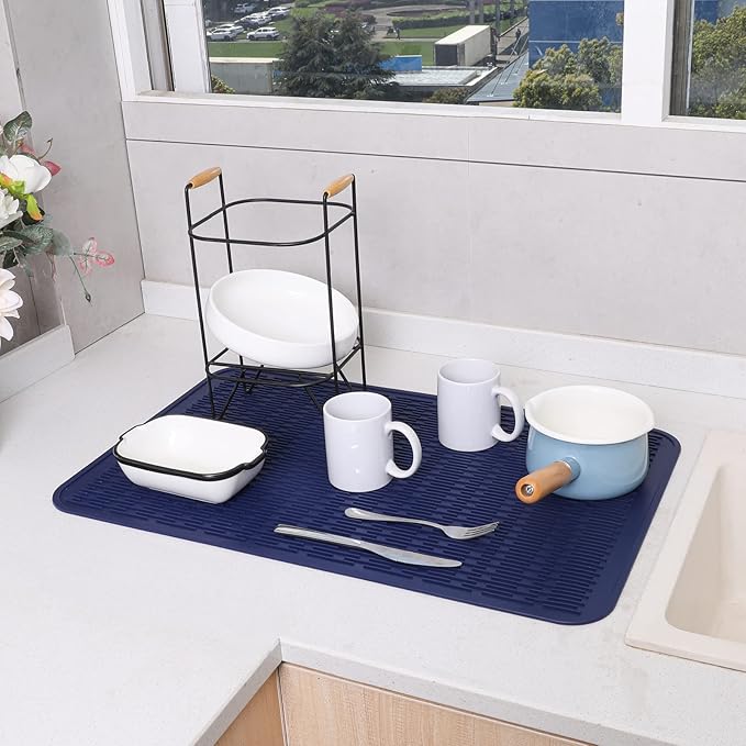 MicoYang Silicone Dish Drying Mat for Multiple Usage,Easy clean,Eco-friendly,Heat-resistant Silicone Mat for Kitchen Counter or Sink,Refrigerator or Drawer Liner Navy Blue 3XL 28 inches x 18 inches