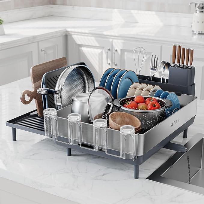 SUNLY Large Dish Drying Rack, Expandable Dish Racks for Kitchen Counter, Space Saving 304 Stainless Steel Drying Rack Kitchen, Extra Large Drainer with Multifunctional Flip Up Pegs, Gray