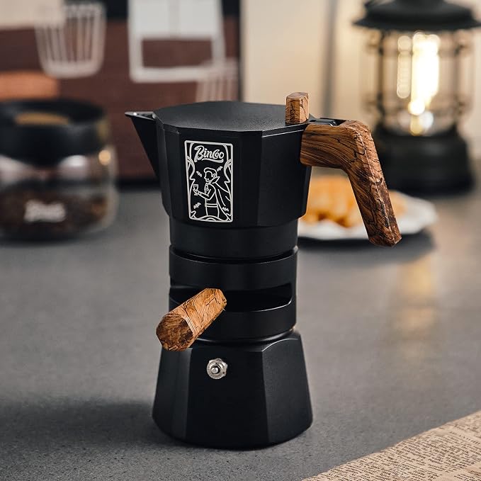Bincoo 120ML Stovetop Espresso Maker Double Valve Moka Pot with Thermostat Extractor Prevent over-extraction,Italian Espresso Moka Pot with Powder Dispenser and Filter Paper for Home (Black 120ML)