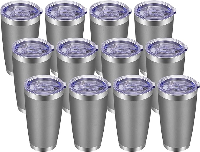 VEGOND 20oz Tumbler with Lid and Straw Stainless Steel Tumbler Cup Bulk Vacuum Insulated Double Wall Travel Coffee Mug Powder Coated Coffee Cup, Grey, 12 Pack