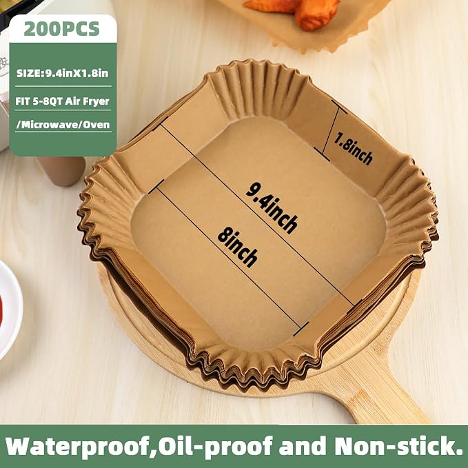 LYHOLKEER 8.8inch Square Reusable Silicone Air Fryer Liners for 5-8QT,200Pcs 8IN Air Fryer Liners Disposable Parchment Paper for 5-8QT