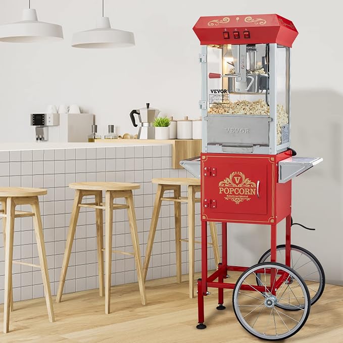VEVOR Commercial Popcorn Machine, 8 Oz Kettle, 850 W Popcorn Maker on Wheels for 48 Cups per Batch, Theater Style Popper with 3-Switch Control Steel Frame Tempered Glass Doors Cart 1 Scoop 2 Spoons | 850W Theater Style Popper, On Wheels, 48 Cups per Ba...