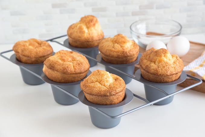 Fox Run Non-Stick Popover Pan, 6 Cup Yorkshire Pudding Pan, Grey | Bake Popovers & Yorkshire Pudding | Easy Release Nonstick | Consistent Results | 6 Cup Pop Over Baking Pan | Baking Gadget