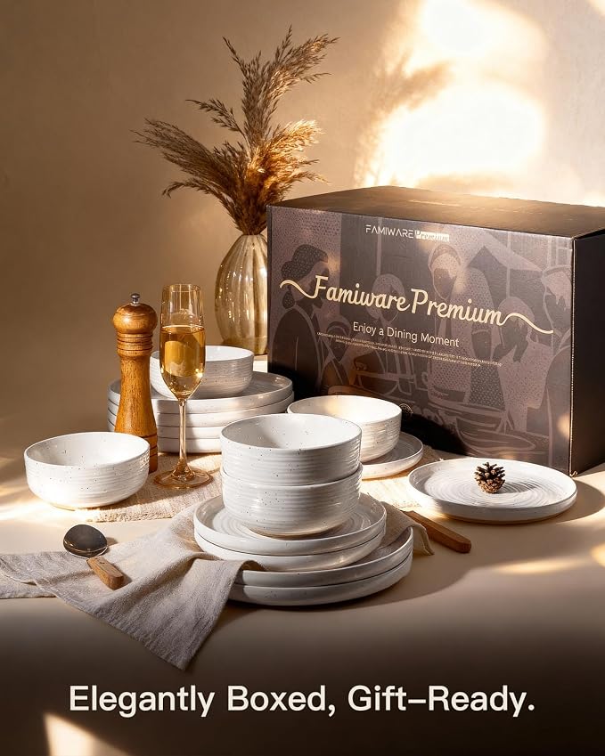 18-Piece Reactive Glaze Stoneware Dinnerware Sets for 6 - Coupe Plates & Bowls with Speckles & Spirals - Chip & Scratch Resistant Dishes, Microwave & Dishwasher Safe - Gift Box, White