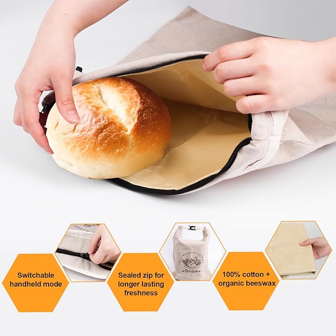 Bread Bags for Homemade Bread - 2 Packs XL Reusable Organic Beeswax Linen Cotton Sourdough Bag, Homesteading Essentials Sourdough Bags with Sealing Zip to Keep Fresh