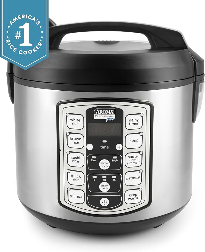 Aroma Housewares Professional Plus ARC-5000SB 20 Cup (Cooked) Digital Rice Cooker, Food Steamer, Slow Cooker, Stainless Exterior/Nonstick Pot, Silver, Black, 10-cup uncooked/20-cup cooked/4QT