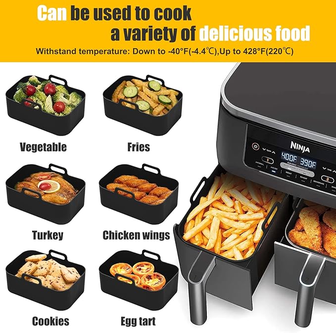 100Pcs Air Fryer Disposable Liners+ 2Pcs Silicone Liners Sets for Ninja DZ401/DZ550/SL401 10Qt, Rectangular Air Fryer Inserts Accessories for Cosori 9QT Dual Basket, Parchment Paper Liners+Black