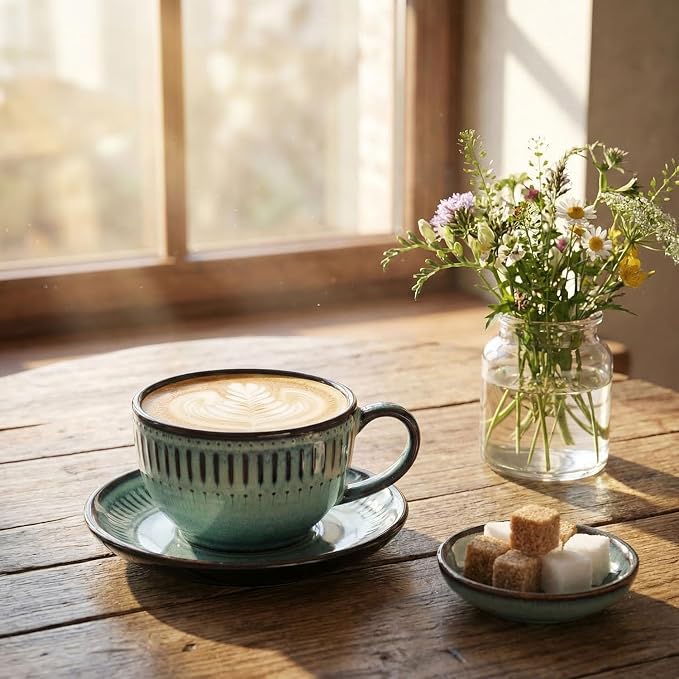 Cappuccino cup with tray, 8.5 oz. Set of 4 Ceramic Coffee Cups and Saucer Set for Latte, latte art cup, suitable for latte/cappuccino/milk/tea
