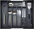 Expandable Large Kitchen Silverware Drawer Organizers Tray Bamboo Utensil Organizer Adjustable Cutlery Tray Black Wooden Flatware Organizers Divider Cooking Utensil Holder Drawer Fork Spoon Organizer