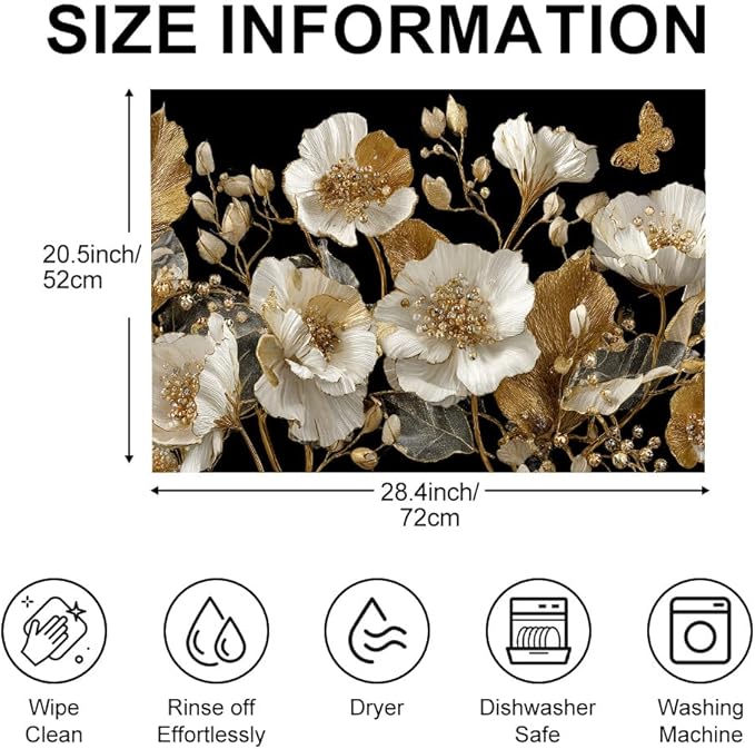 Stove Top Cover for Electric Stove 28.4 x 20.5 Inch Non Slip Stove Mat Oil Proof White Gold Floral Glass Cooktop Protector Kitchen Counter Mat