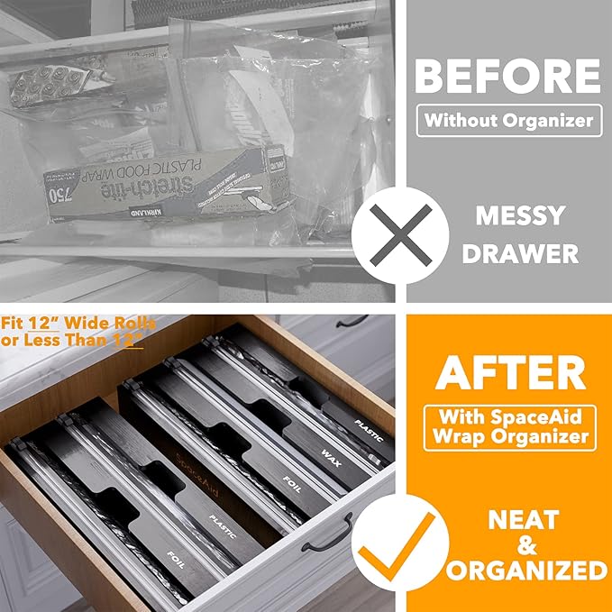 SpaceAid WrapNeat 2 in 1 Wrap Organizer with Cutter and Labels, Plastic Wrap, Aluminum Foil and Wax Bamboo Dispenser for Kitchen Storage Organization Holder for 12" Roll (Black)