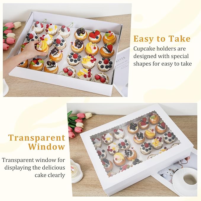 24 Count Cupcake Box, 8 Pack Cupcake Containers with Windows and Inserts, Disposable Cupcake Carriers for Muffins, Treats, Pastries, Mother's Day 19 x 14 x 3.9 Inches (White, 24Count /8Pcs)
