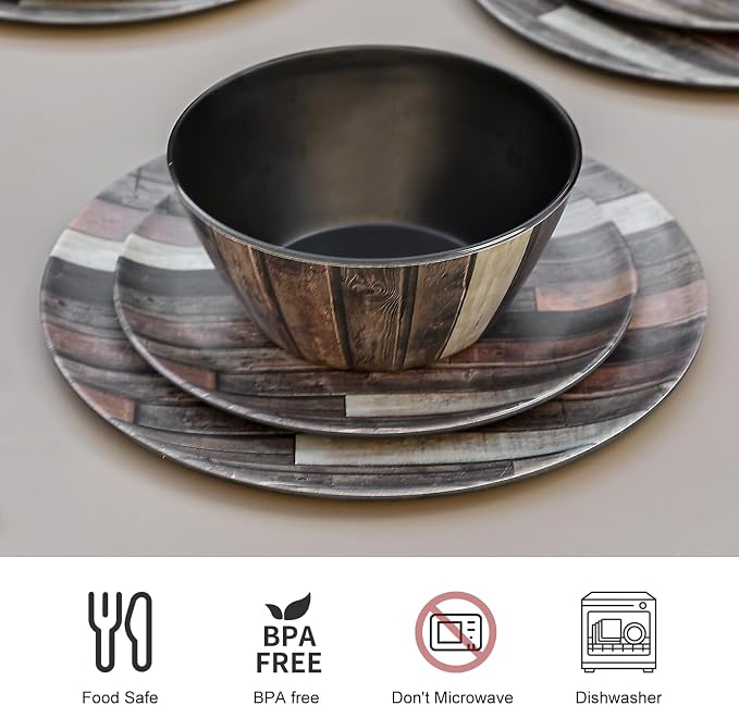 Webbylee Melamine Dinnerware Sets 12 Piece Wood Grain - Unbreakable Plates and Bowls, Lightweight Heavy Duty, Dishwasher Safe for Outdoor Camping Party Indoor Gift