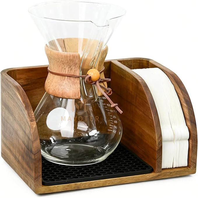 Acacia Coffee Bar Station Organizer Stand, Wooden Pour Over Maker Caddy Storage Organizers, Coffee Filter Holder for Countertop with Heatproof Mat (9.4*7*5.1 inch) Glass Coffee Maker not included