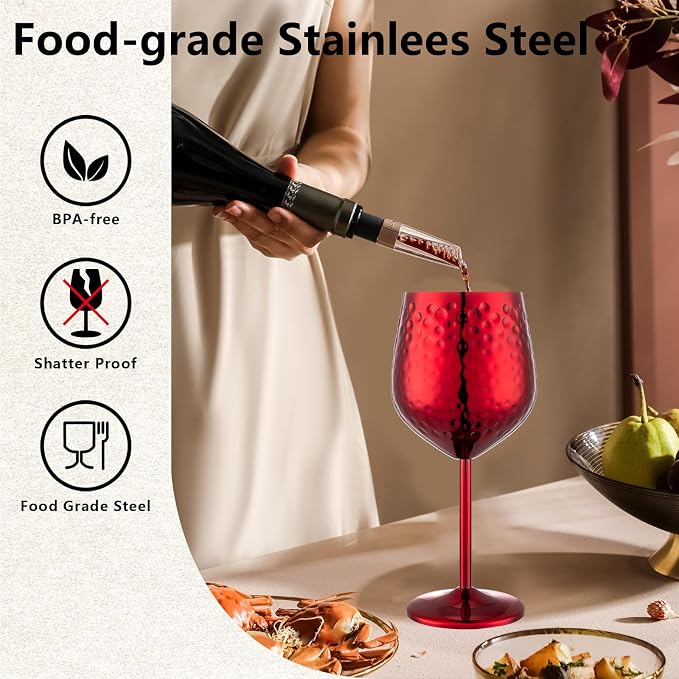 UNISWEET Stainless Steel Wine Glasses Set of 4 Unbreakable (Red) | 17 oz Large-capacity Hammered Goblets, Lightweight & Reusable, Good for Outdoor, Camping, Pool Travel, Gift for Wine Lovers