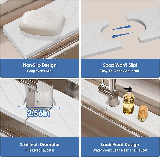 Sink Water Splash Guard, Stone Faucet Mat for Kitchen Sink, Water Absorbing Stone Drying Tray for Bathroom, Prevent Moisture for Kitchen Bathroom Counter, Matte white, 30" x 4"